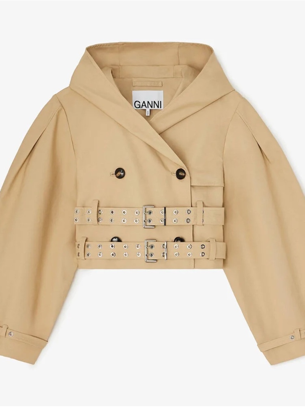 Ganni Cropped Hooded Double-Breasted Trench Coat in Beige NWT